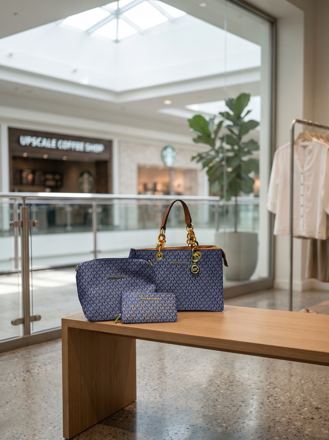 Set bolso 3 piezas azul, en maniquí